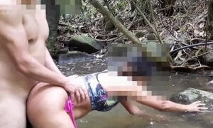 jets of semen coming out of her ass in a strong anal in the forest