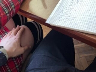 SCHOOLGIRL Handjob again in MATH class under the table and even a bit of footjob. At School.