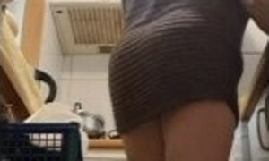 wife in the kitchen, sensually without panties cleaning