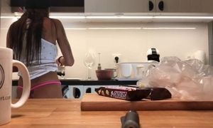 'Young Amateur Tight Pussy Wife without a bra in the kitchen showing pokies and her nice new thong with round sexy ass'