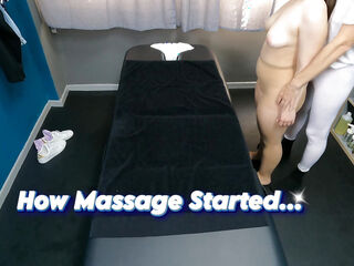 Masseur Grinding Dick on Her Ass & Fingering Her Pussy on Massage Bed