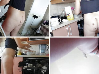 The sexy prepares breakfast naked