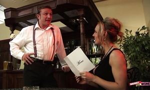 Instead of food the blonde milf wants the waiter and his thick cock inside her