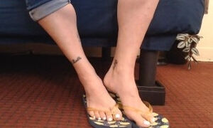Worn Out Blue Flip flops White Nails Toe Wiggling