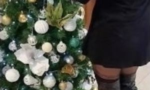 Sexy milf in pantyhose make the Christmas tree. Upskirt and Hairy Pussy see through
