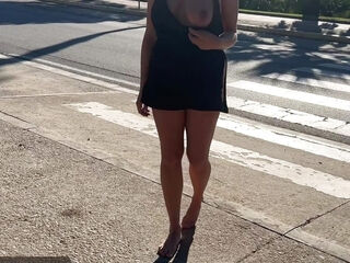 Public walk without underwear / Blonde girl shows her tits and cunt on the street