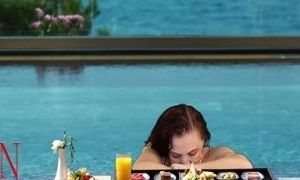 Regina Noir. Tits teasing at swimming pool. Nudist hotel. Nudism outdoors.