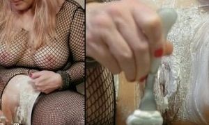 Face and Pussy video: busty milf shaves her pussy. Wearing crotchless fishnet. Closeup