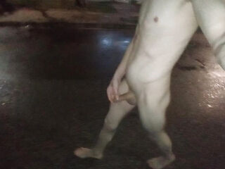 Totally naked in public walking on the street and cum