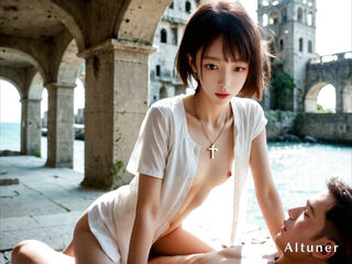 ai-gen. 0014 Small Framed Lovely Girl Rides Waves of Pleasure at Sea-side Ancient Ruins