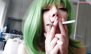 Cute Green Hair Egirl smoking 2 cigarettes at the same time (ask me for full vid)